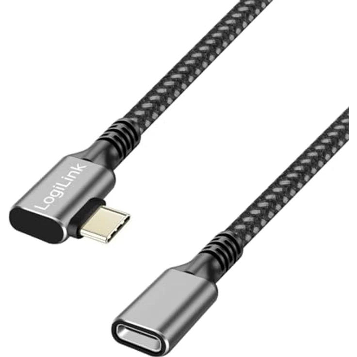 Logilink CUA0112 - USB 3.2 Gen1 Typ-C Verlängerungskabel mit PD Unterstützung (PowerDelivery), 90° gewinkelter Stecker, Schwarz/Grau, 2m – Bild 1