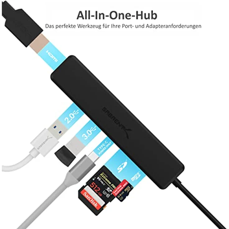 SABRENT USB C Adapter, USB C 3.2 Gen1 hub, USB verteiler mehrfach, USB c Docking Station mit 4K HDMI | 2 USB | PD 60W | SD/Micro SD kartenleser, für PS5, PC, USB Stick, MacBook (HB-TC6C) – Bild 5