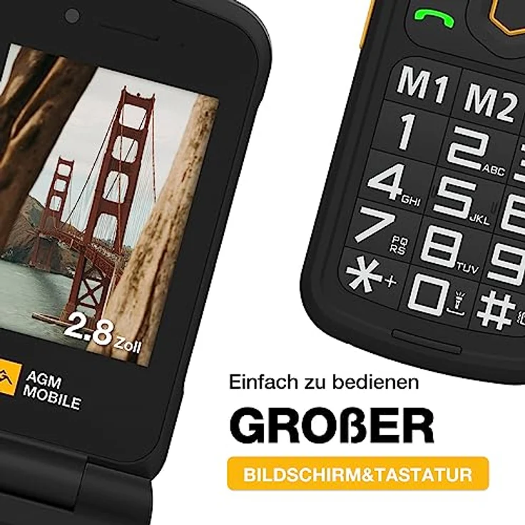 AGM M8 FLIP Klapphandy ohne Vertrag, 4G Seniorenhandy mit großen Tasten, wasserdicht/sturzsicher, SOS, kompatibel mit Hörgeräten, 1500 mAh, 104 dB Lautsprecher, Dual-SIM Schwarz – Bild 3