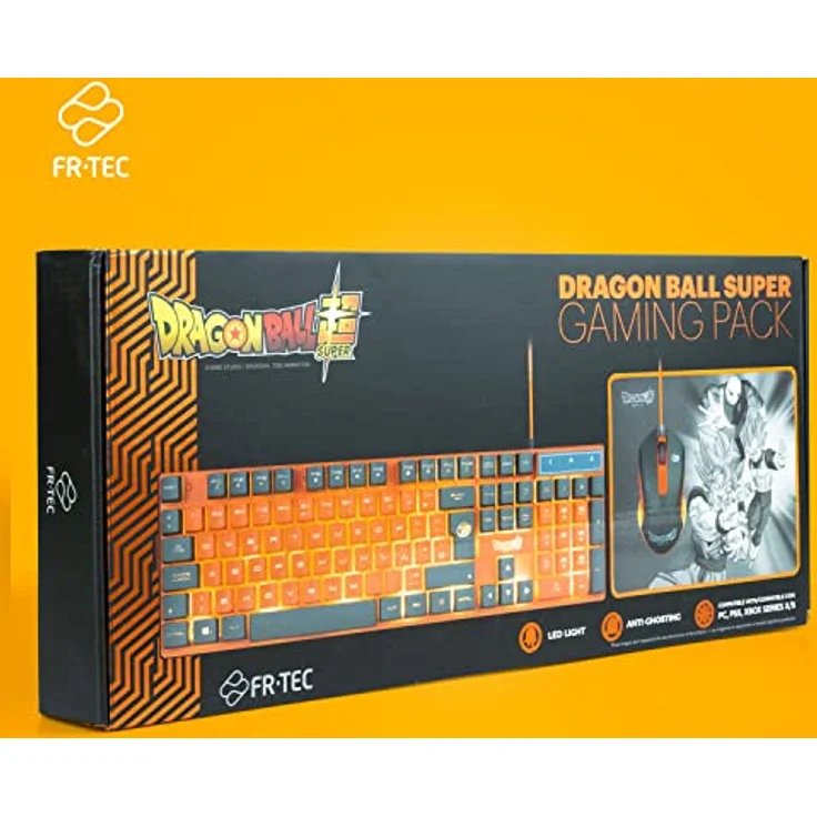 FRTEC Dragon Ball Super Pack Tastatur + Maus + Mauspad, PC-kompatibel, QWERTY, mit einstellbarer orangefarbener Beleuchtung – Bild 5