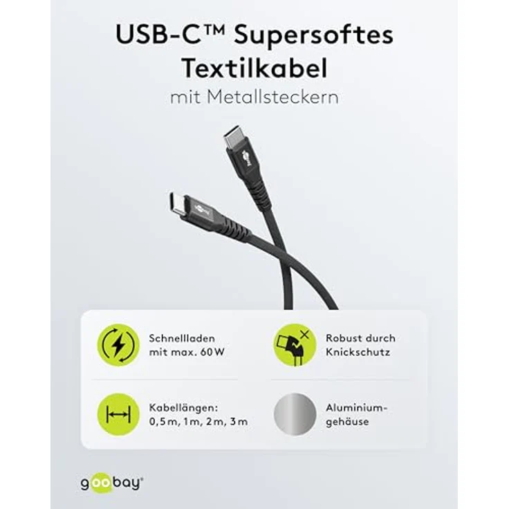 Goobay USB-C™ Textilkabel, 0,5 m, supersoft mit Metallsteckern, 60 W Schnellladen, schwarz – Bild 2