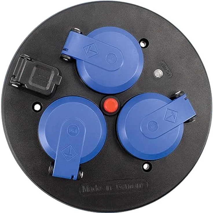 as - Schwabe 3-fach-Steckdoseneinsatz für Kabeltrommeln 230V/16A, mit Klappdeckel blau, abgesichert durch Thermoschutzschalter, mit USB-Ausgang 5V/1A, IP54, Schwarz, 11585 - Vielseitiger Steckdoseneinsatz mit Thermoschutzschalter und USB-Ausgang – Bild 1