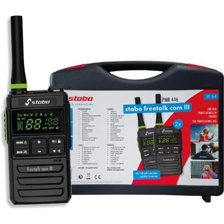 Stabo Freetalk Com III, PMR-Handfunkgerät 2er Set im Koffer, IP54, spritzwassergeschützt, schwarz