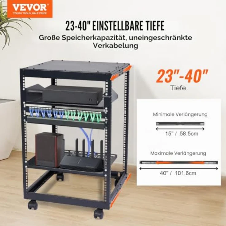 VEVOR 15U-Server-Rack mit offenem Rahmen, verstellbare Tiefe von 15''-40'', freistehend oder wandmontierbar, 4-Pfosten-AV-Rack mit Rollen, hohe Tragfähigkeit bis 500 lbs – Bild 2