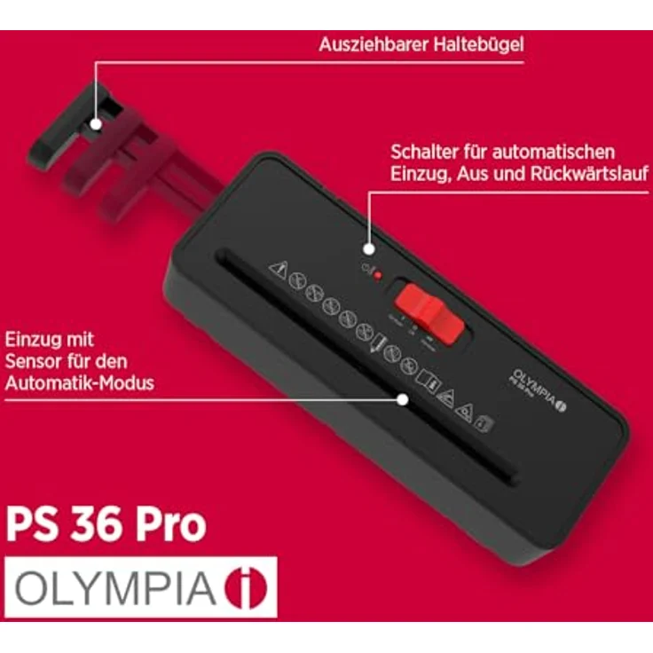 OLYMPIA PS 36 Pro Aktenvernichter, Streifenschnitt P-2, 6 mm, für bis zu 6 Blatt, schwarz, mit Teleskoparm und Rücklauffunktion – Bild 7