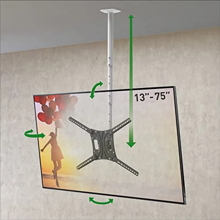 Barkan Lange Weiß TV Deckenhalterung, 13 - 75 Zoll Neigbar / Vollbewegung flach & Curved Fernseher TV Halterung, hält bis 43Kg, extra Langer Auszug - 160cm lang, Max. VESA 600x400