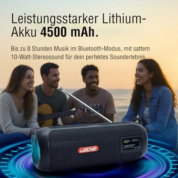 LEICKE DAB+ Radio Tube - Tragbarer Bluetooth Lautsprecher mit 10W Stereo-Sound, DAB+/FM, 4500mAh Akku, RGB-LED, Equalizer, USB-C, Micro SD/AUX, Schwarz – Bild 5