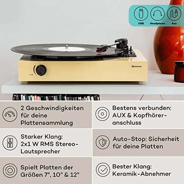 Auna Retro Plattenspieler Set, Do-it-Yourself Vinyl-Player mit Lautsprechern, 3 Geschwindigkeiten, Bluetooth und Auto-Stopp-Funktion – Bild 2