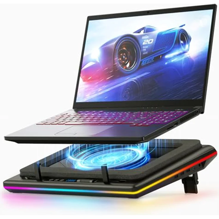 llano RGB Gaming Laptop Kühler Kühlpad mit stufenloser Touch-Bedienung, 3-Port USB Hub und leistungsstarkem Turbo-Lüfter für 15-19'' Notebooks – Bild 1