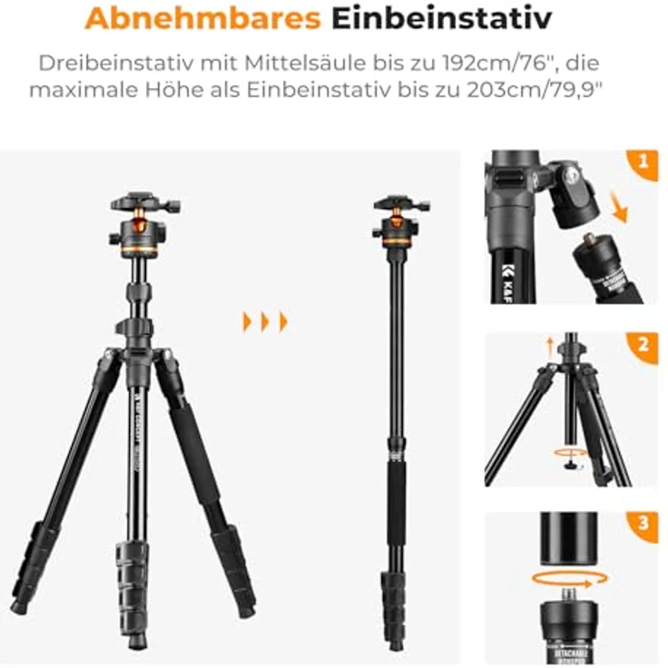K&F CONCEPT O275A5+BH-36, 192cm Aluminium Kamerastativ mit Handyhalterung und Bluetooth-Fernbedienung, tragbar, abnehmbares Einbeinstativ, 36mm Kugelkopf mit 8kg Tragkraft – Bild 4