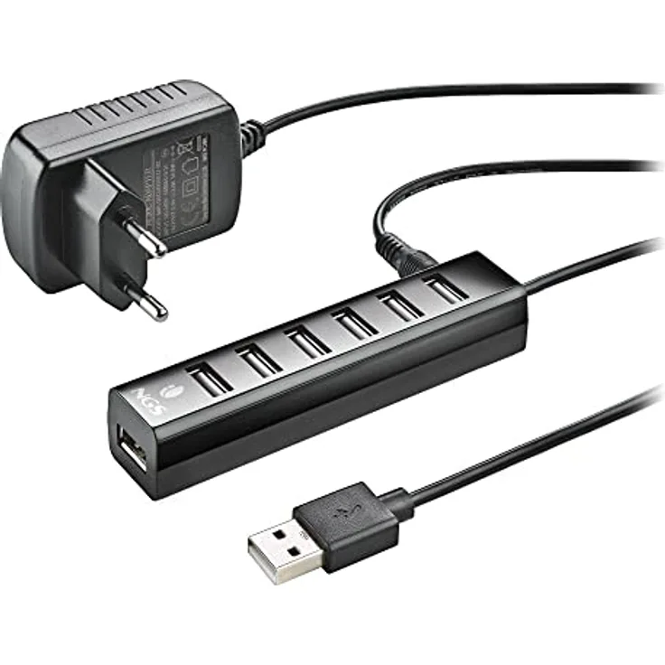 NGS IHUB7 Tiny - USB 2.0 Hub 7 Ports mit Power Adapter 5V/1A, universell kompatibel, Plug and Play