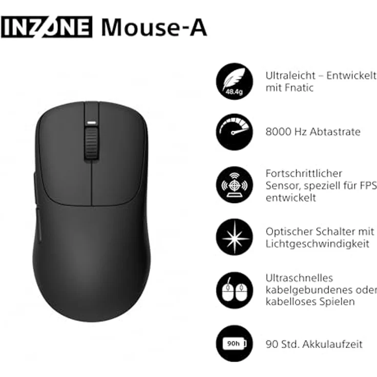 SONY INZONE Mouse-A Gaming Maus, ultraleicht 48,4g, 8000Hz Polling, 30K DPI, optische Schalter, kabellos, Schwarz – Bild 2