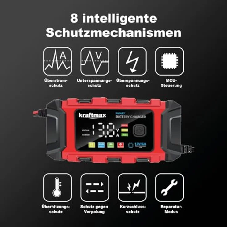 Kraftmax BC-360, 12V Batterieladegerät mit 6A Ladestrom für AGM, GEL, SLA, Nass-, Deep-Cycle- und LIFEPO4-Batterien – Bild 3