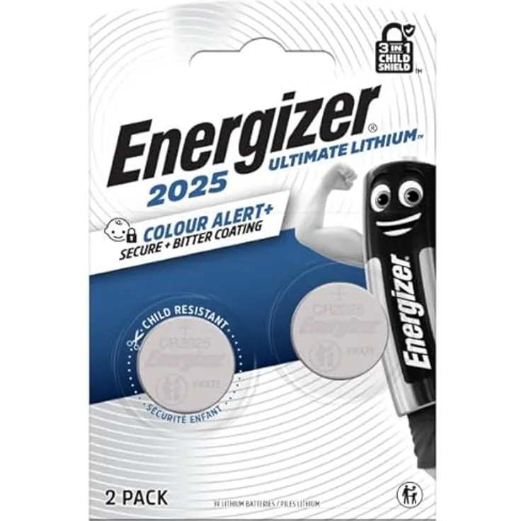 Energizer Max Lithium-Knopfzellen CR2025, langlebige Leistung für medizinische Geräte, Waagen, 2 Stück