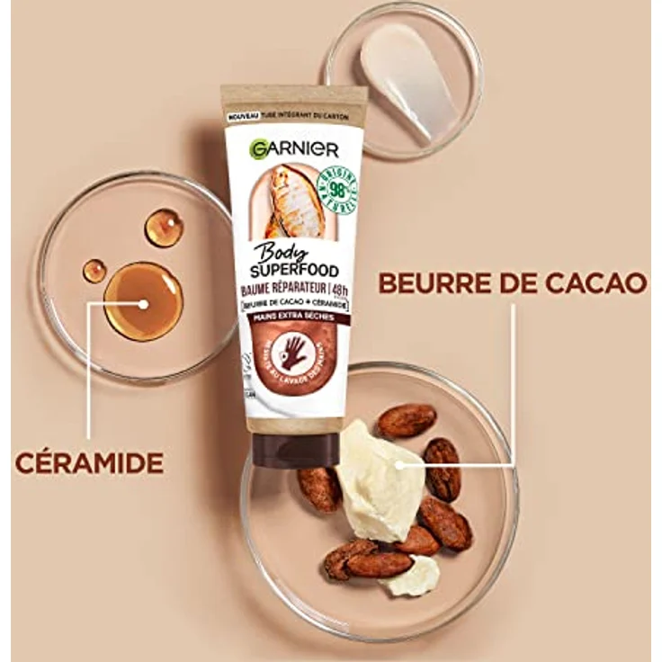 Garnier Body Superfood Handcreme - 48h Feuchtigkeit, Kakaobutter & Ceramid, 98% natürlichen Ursprungs, Vegan & Cruelty Free - für extra trockene Hände, 75 ml – Bild 3
