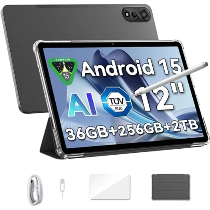Blackview Mega2 Tablet 12 Zoll, Android 15 mit 36GB RAM+256GB ROM, 2K FHD Display, Dual 4G LTE+5G WiFi, Dual Kamera, GPS/Face ID - Schwarz – Bild 1