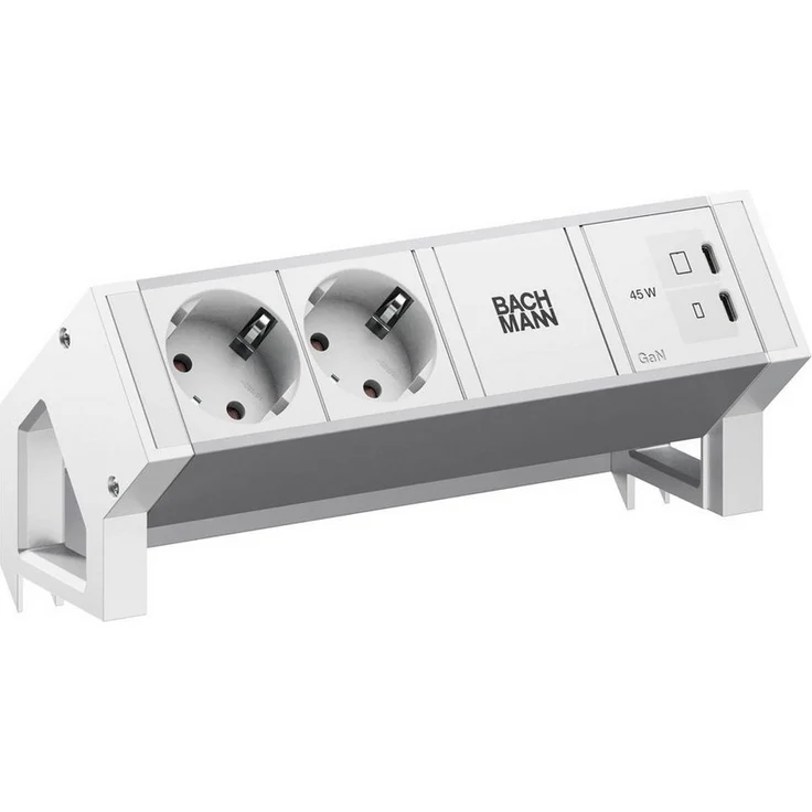 Bachmann DESK2 ALU WHITE, Steckdosenleiste mit 2xCEE7/3 und 1xUSB C/C 45W, Aluminium, RAL9010, Kabellänge 0,2 m
