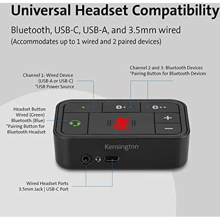 Kensington K83300WW, 3-in-1 Pro-Audio-Headset-Schalter für kabelgebundene und kabellose Headsets, kompatibel mit Microsoft Teams, Google Meet, Zoom, USB-C/USB-A/3,5 mm – Bild 4
