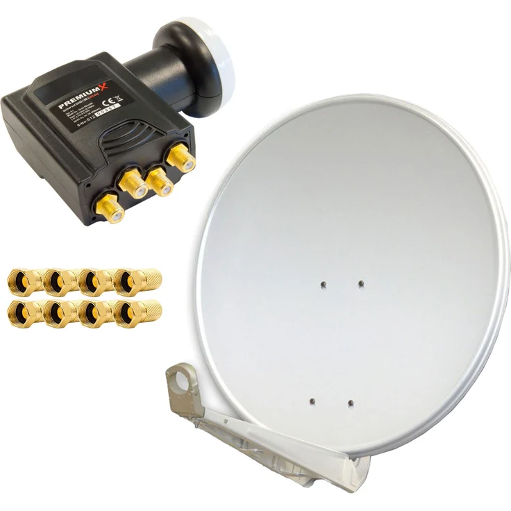PremiumX DELUXE80 Satellitenanlage, 80cm Offset SAT Antenne für 4 Teilnehmer, Aluminium Hellgrau, digitales Quad LNB für HDTV 4K, inkl. 8 F-Aufdrehstecker