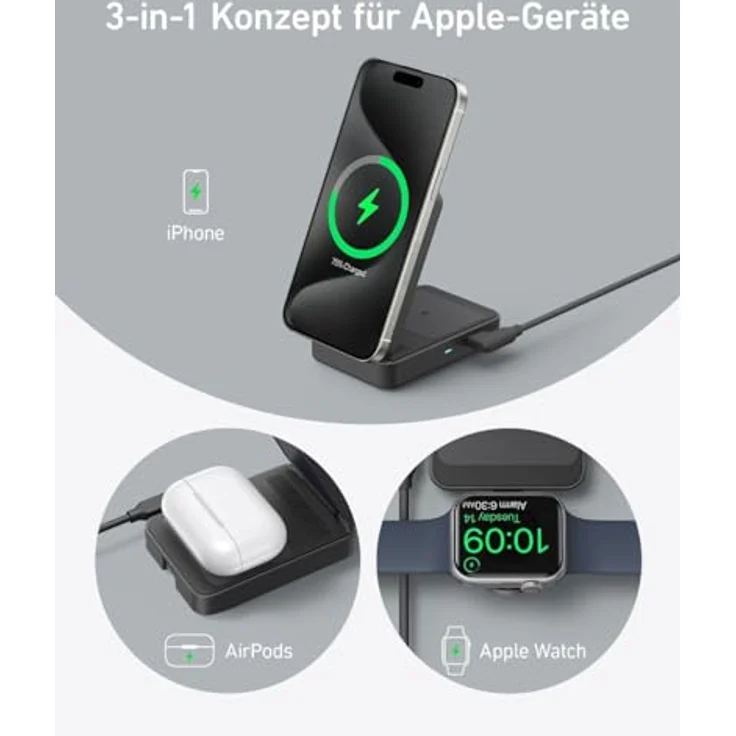 Anker MagGo 3-in-1 Ladestation, Qi2 zertifizierter 15W kabelloser Ladeständer, MagSafe kompatibel, Apple Watch Ladegerät, Für iPhone 15/14, AirPods, Apple Watch 9 (Mit 40W USB-C Netzteil) – Bild 5
