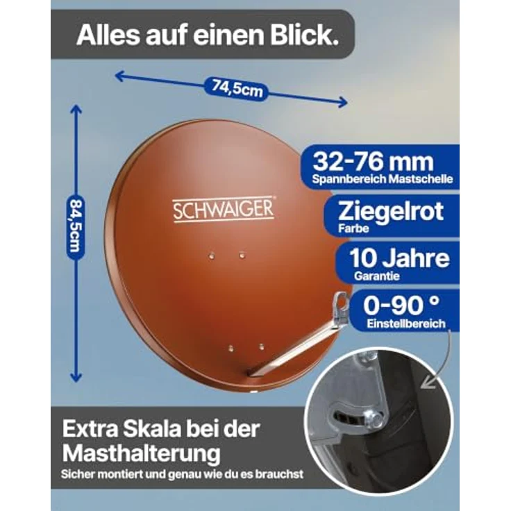 SCHWAIGER Satellitenschüssel Ø 80 cm, Aluminium Offset Antenne in Ziegelrot, wetterfest, Multifeed geeignet, LNB Tragarm & Masthalterung, max. Empfangsleistung 38,5 dB – Bild 5