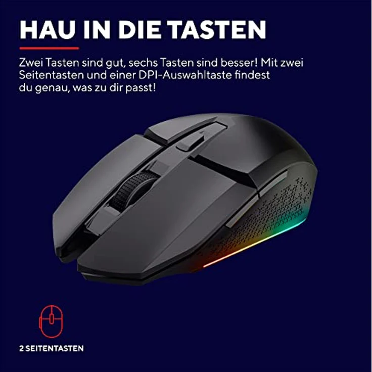 Trust Gaming GXT 110 Felox Wiederaufladbare Kabellose Gaming-Maus, 80 Stunden Akkulaufzeit, 800-4800 DPI, LED-Beleuchtung, 6 Tasten, Wireless Mouse für PC, Laptop, Computer, Windows – Schwarz – Bild 5