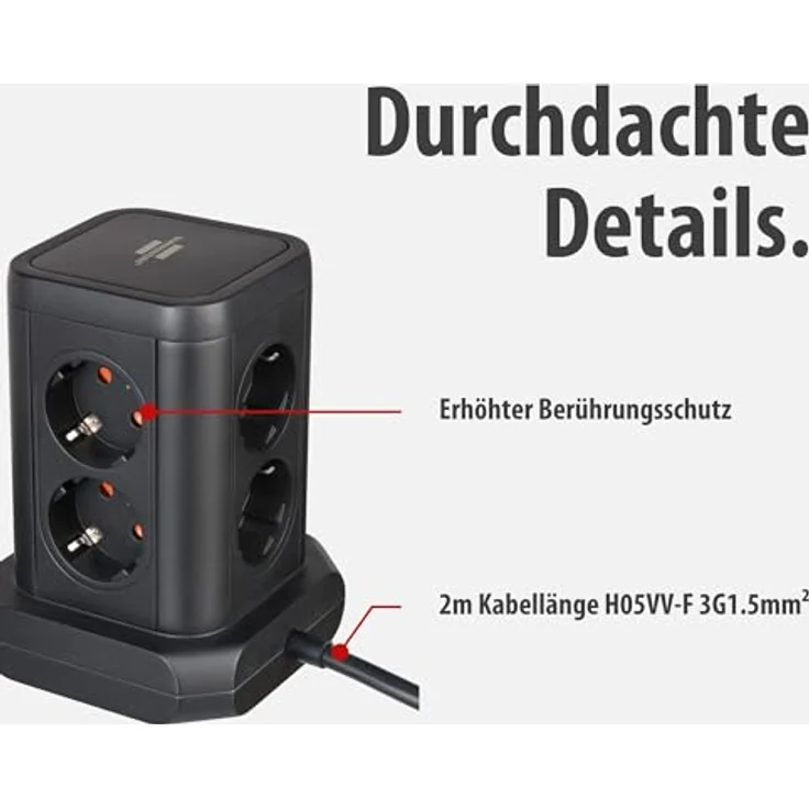 Brennenstuhl Steckdosenturm 8-Fach mit 2x USB A & 1x USB C Power Delivery, 45°-Anordnung, 2m Kabel, schwarz – Bild 3