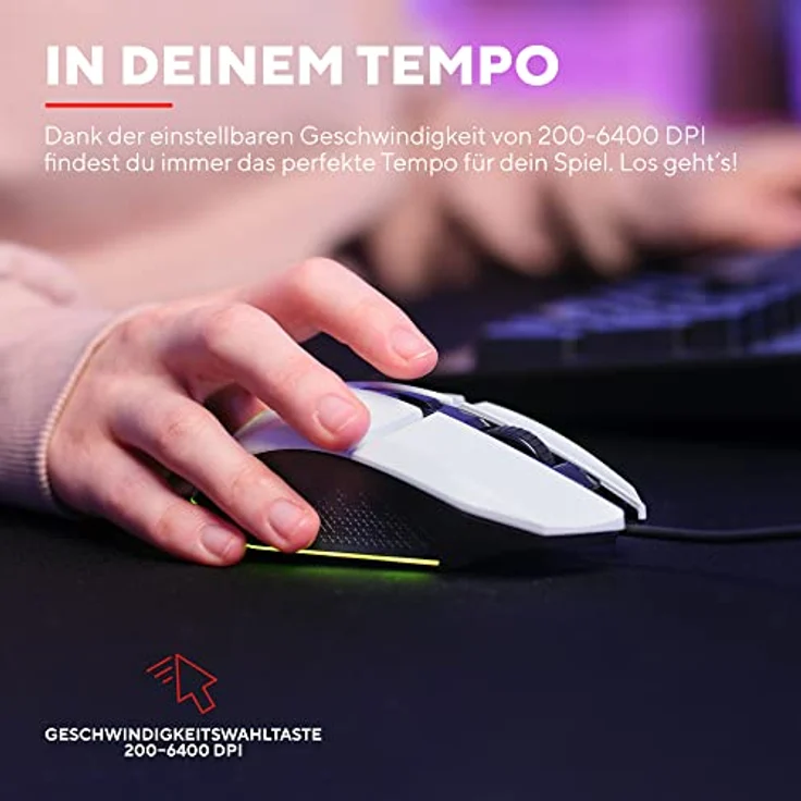 Trust Gaming GXT 109W Felox Gaming Maus mit 6 Programmierbare Tasten, Mehrfarbige LED-Beleuchtung, 200-6400 DPI, USB Kabel 150 cm, PC Maus mit Integrierte Software für Computer/Laptop - Weiß – Bild 2