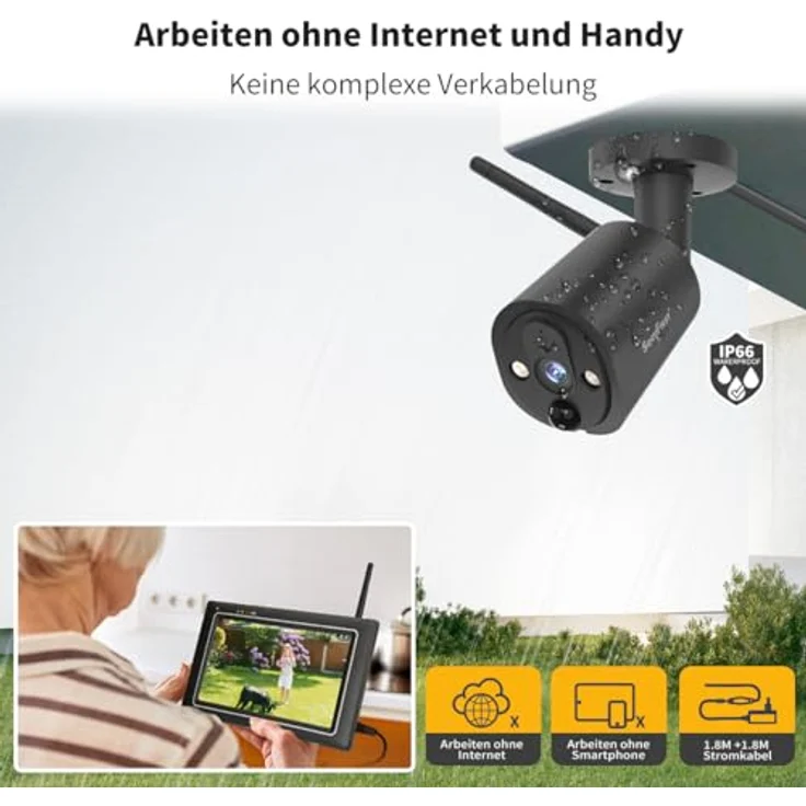 SecuFirst 2K Überwachungskamera Aussen mit Innen Monitor, 7" Sensorbildschirm NVR + 2X Outdoor Kamera Überwachung Babyphone Arbeiten ohne WLAN,AI Bewegungsmelder,64GB SD-Karte.Gegensprech, IP66 wetterfestes Metallgehäuse in Schwarz – Bild 2