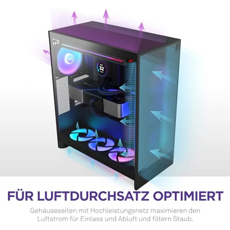 NZXT PC-Gehäuse H7 Flow (2024), vertikales GPU-Kühlungssystem, 3 frontmontierte 120-mm-Lüfter, schwarz – Bild 4