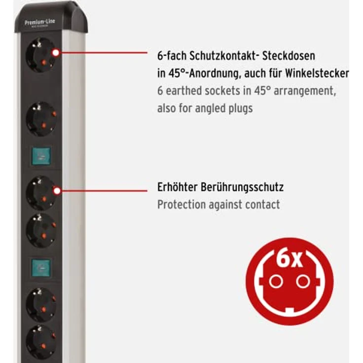 Brennenstuhl Premium-Alu-Line Steckdosenleiste 6-Fach/Steckerleiste aus hochwertigem Aluminium (Mehrfachsteckdose mit 3X 2-Fach schaltbare Steckdosen,3m Kabel, Made in Germany) – Bild 3