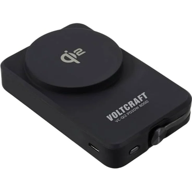 Voltcraft VC-Qi2 PD20W 8000 Powerbank, 8000 mAh, Fast Charge, Qi2, Schwarz, integriertem Typ-C Kabel und Handyhalterung – Bild 3