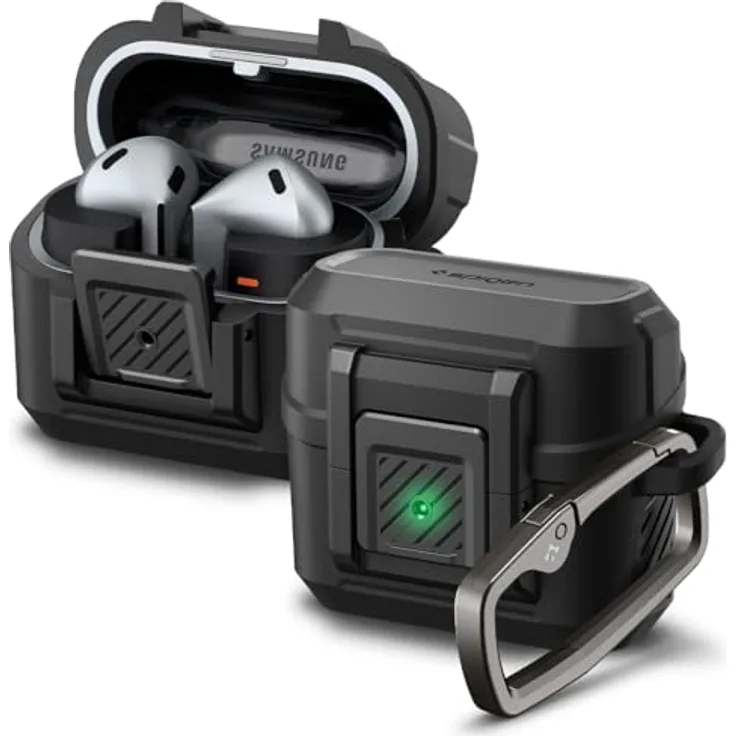 Spigen Lock Fit Hülle Kompatibel mit Samsung Galaxy Buds 3 Pro | Galaxy Buds 3 - Matt Schwarz - Sicherer Schutz mit Karabiner und kabellosem Laden