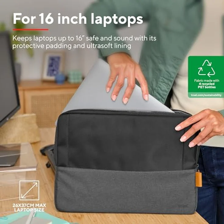 Trust Lisboa Laptophülle 16 Zoll, Laptoptasche aus Recycelten PET-Flaschen, Arbeitstasche Laptop Sleeve, Tasche Herren Damen für MacBook Notebook HP Dell Asus Lenovo Reisen Business - Schwarz – Bild 2