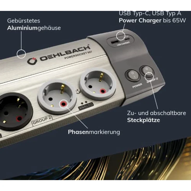Oehlbach Steckdosenleiste D1C17031 mit Schalter Anthrazit USB-C/A Buchsen 8-fach – Bild 2