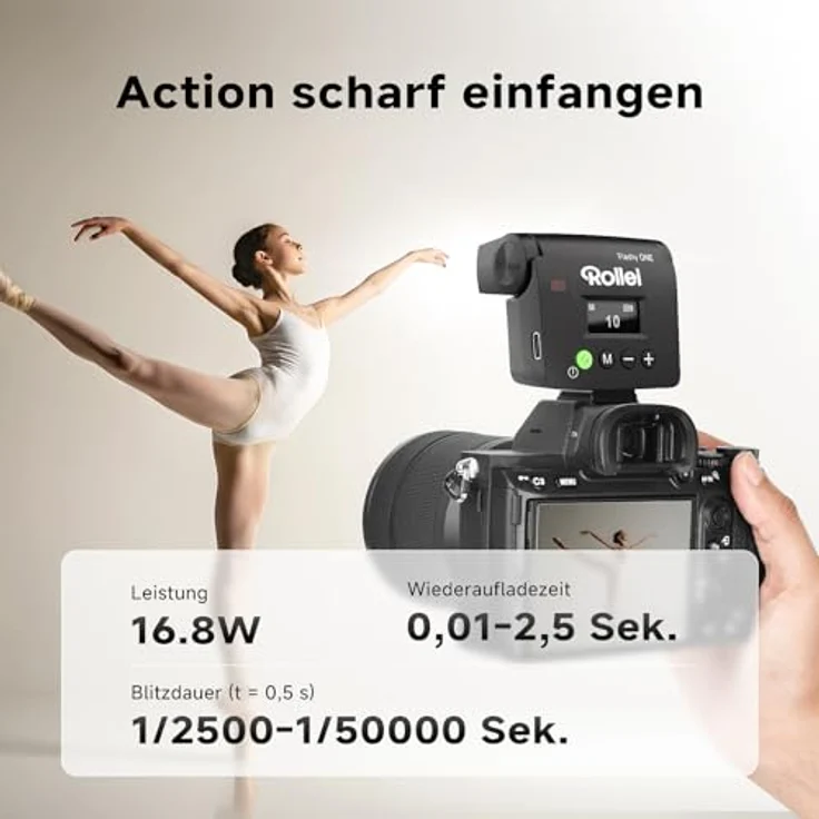 Rollei Flashy ONE Mini Blitzgerät GN 16, LCD Display, universell kompatibel mit Canon, Nikon, Sony, Fujifilm, Lumix, Olympus, wiederaufladbarer 1250 mAh Akku – Bild 3