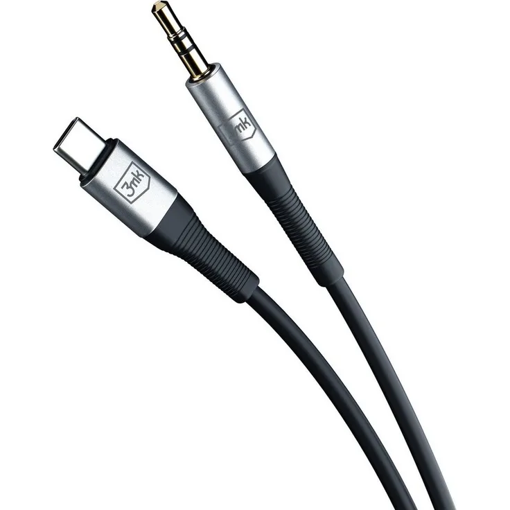 3MK AUX Kabel USB-C auf Klinke 3,5 mm, 100 cm, knickfest, verhedderungsfrei, Aluminiumstecker, silberfarben