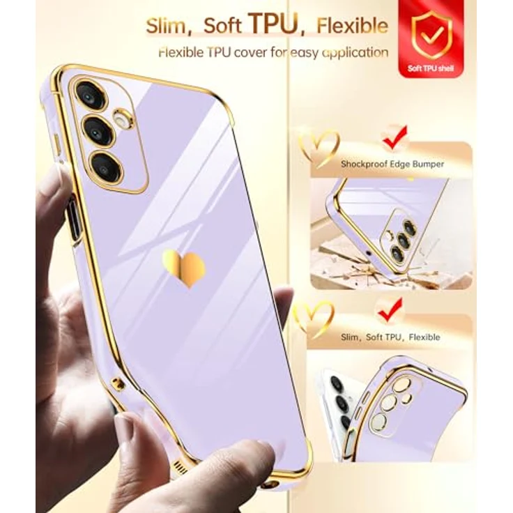 LeYi Hülle für Samsung Galaxy A25 5G, TPU Silikon Schutzhülle mit Herz Muster und 2*Schutzfolie, Stoßfest und Kameraschutz in Lila – Bild 3