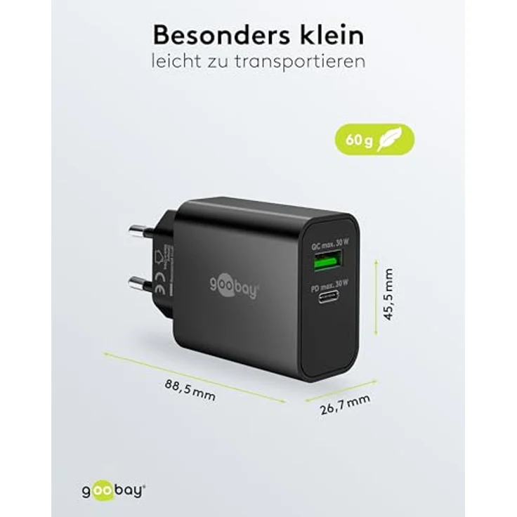 goobay 30W USB C Ladegerät, GaN Dual Port Schnellladegerät mit Power Delivery & Quick Charge, kompakter Ladestecker für iPhone, Samsung Galaxy, Tablet und Kopfhörer, Schwarz - 75335 – Bild 3