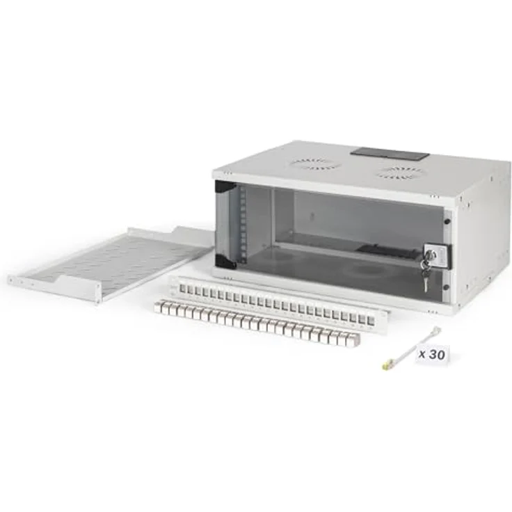 DIGITUS 19 Zoll Netzwerk-Set, 4HE unmontierter Netzwerkschrank mit 1HE Fachboden, 24-Port Patch Panel, 24 CAT 6A Keystone Module und 30 Patchkabel, Grau – Bild 1