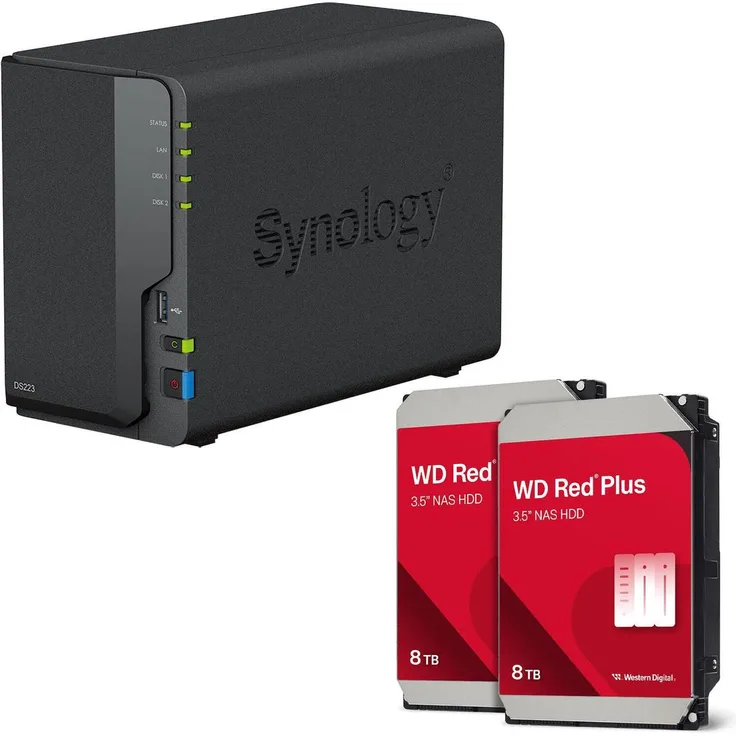 Synology DiskStation DS223, 2 Einschübe NAS-Server mit 16TB WD Red SATA 3.5" HDD, Schwarz