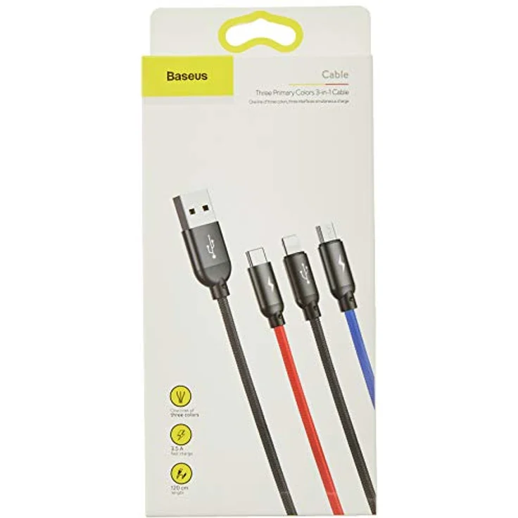 Baseus Rapid 3in1 USB-Kabel, USB-C / Lightning / Micro, 3A, 1,2m, schwarz, langlebig mit Nylongeflecht und Aluminiumsteckern – Bild 2