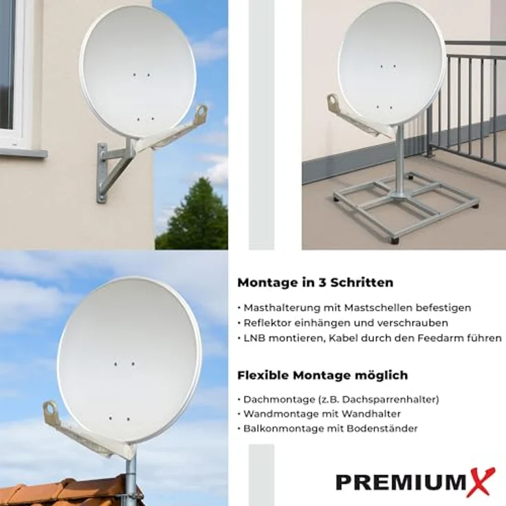 PremiumX DELUXE85 Satellitenantenne 85 cm, Aluminium, hellgrau, hoher Gewinn von 39,5 dB, ideal für schwache Signale – Bild 4