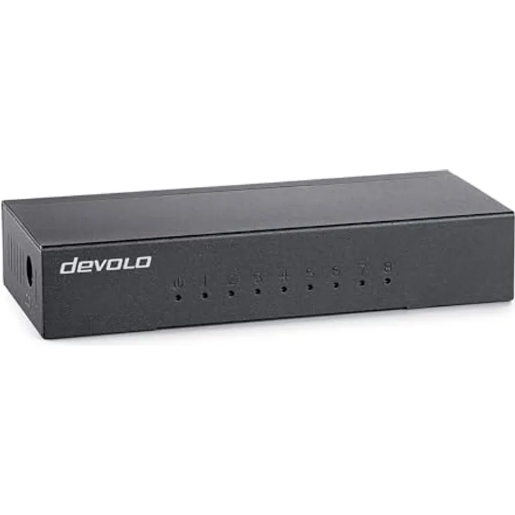 Devolo Gigabit Ethernet Switch 8 Port unmanaged LAN Switch Netzwerk Switch LAN Verteiler 1000 Mbit/s lüfterlos, Flüsterleiser Betrieb