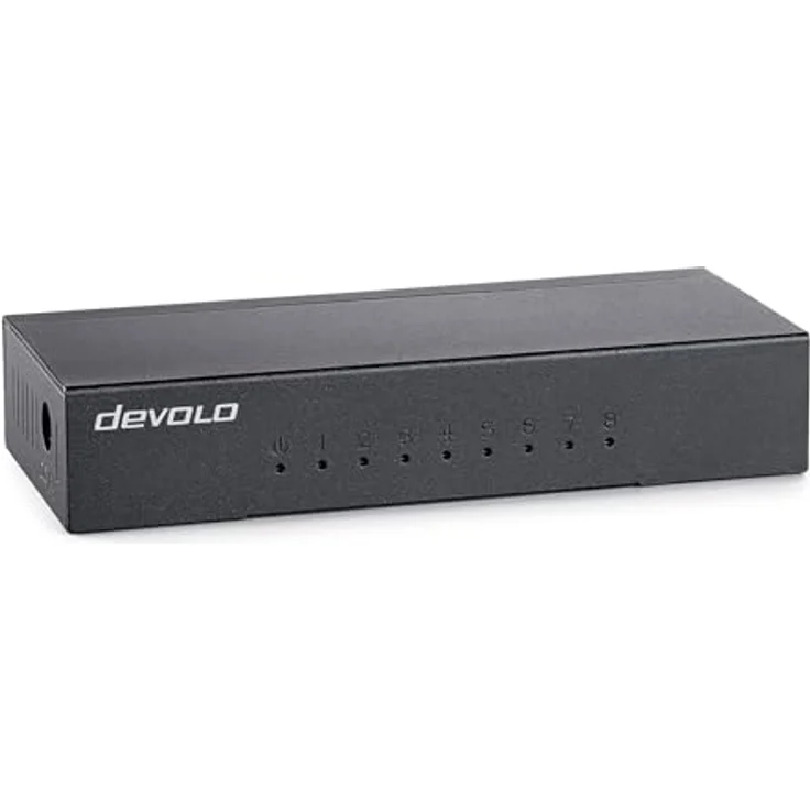 Devolo Gigabit Ethernet Switch 8 Port unmanaged LAN Switch Netzwerk Switch LAN Verteiler 1000 Mbit/s lüfterlos, Flüsterleiser Betrieb – Bild 1