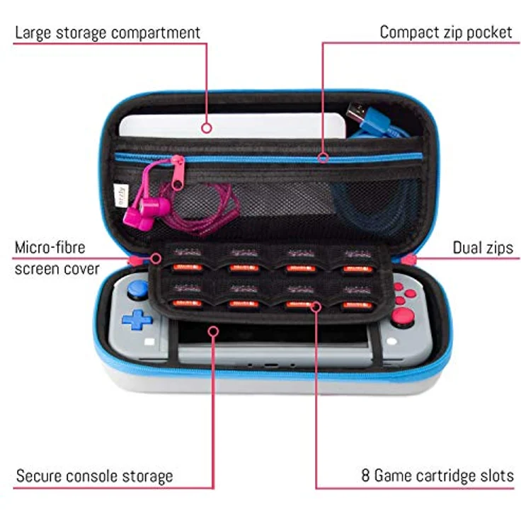 Orzly Case für Nintendo Switch Lite, Tragetasche mit zusätzlichem Speicher für Spiele und Zubehör, Grau/Blau mit Pinktönen (Sonderausgabe) – Bild 3