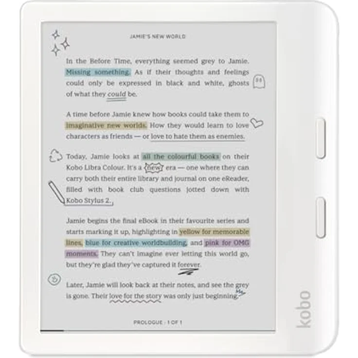 Kobo Libra Color | eReader | 17,8 cm (7 Zoll) blendfreie Farbe E Ink Kaleido™ 3 Display | Dunkelmodus-Option | Hörbücher | wasserdicht | Weiß – Bild 1