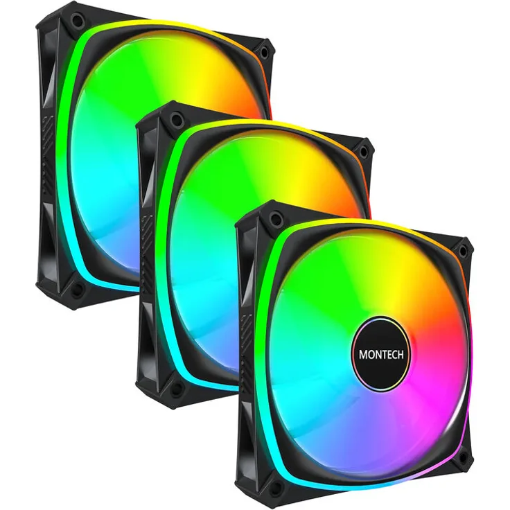 Montech RX120 PRO PWM Reverse Lüfter, ARGB – 3er-Pack, 120mm, hoher Luftdurchsatz, leiser Betrieb bis 27,8 dBA, schwarz