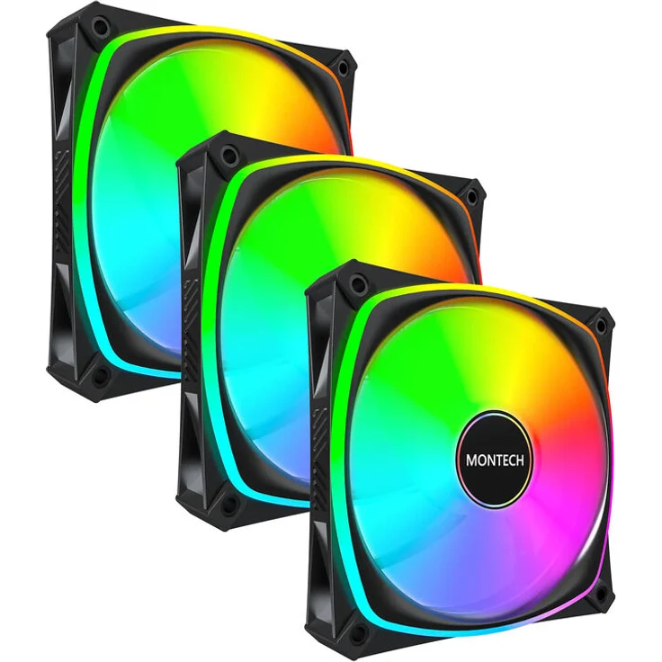 Montech RX120 PRO PWM Reverse Lüfter, ARGB – 3er-Pack, 120mm, hoher Luftdurchsatz, leiser Betrieb bis 27,8 dBA, schwarz