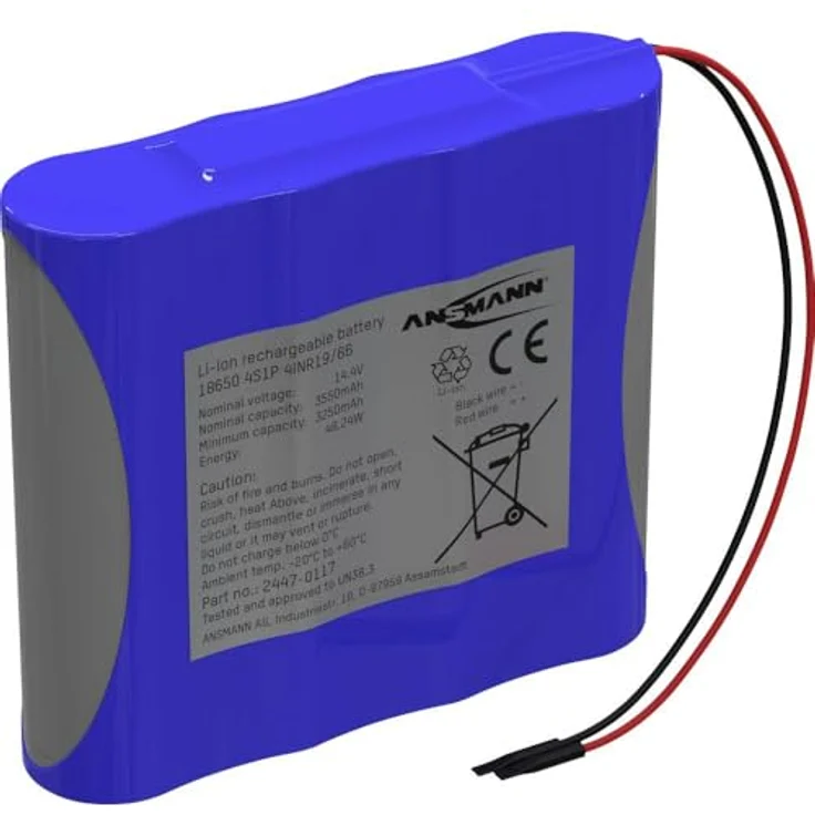 Ansmann 4S1P Akkupack 4X 18650 Kabel Li-Ion 14.4 V 3350 mAh, Batterien mit hoher Energiedichte und integriertem Schutz, schwarz